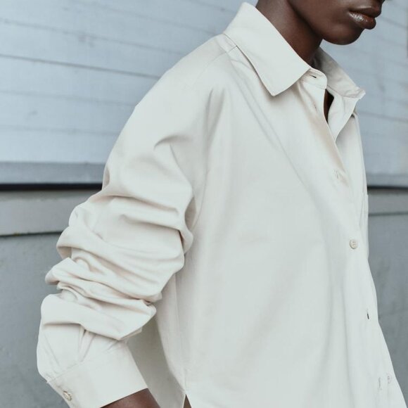 Zara NWT Satin Effect Twill Shirt 100% Cotton Long Sleeves Collared Beige Sz M - Picture 4 of 8